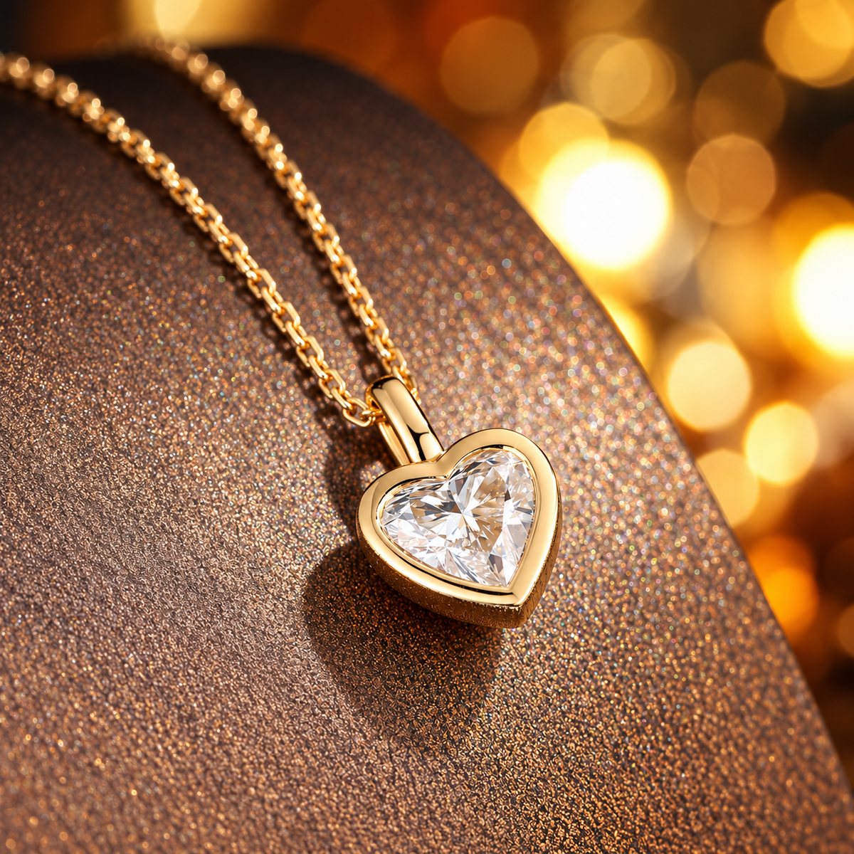 DANFÉE heart bezel diamond necklace on a warm gold background