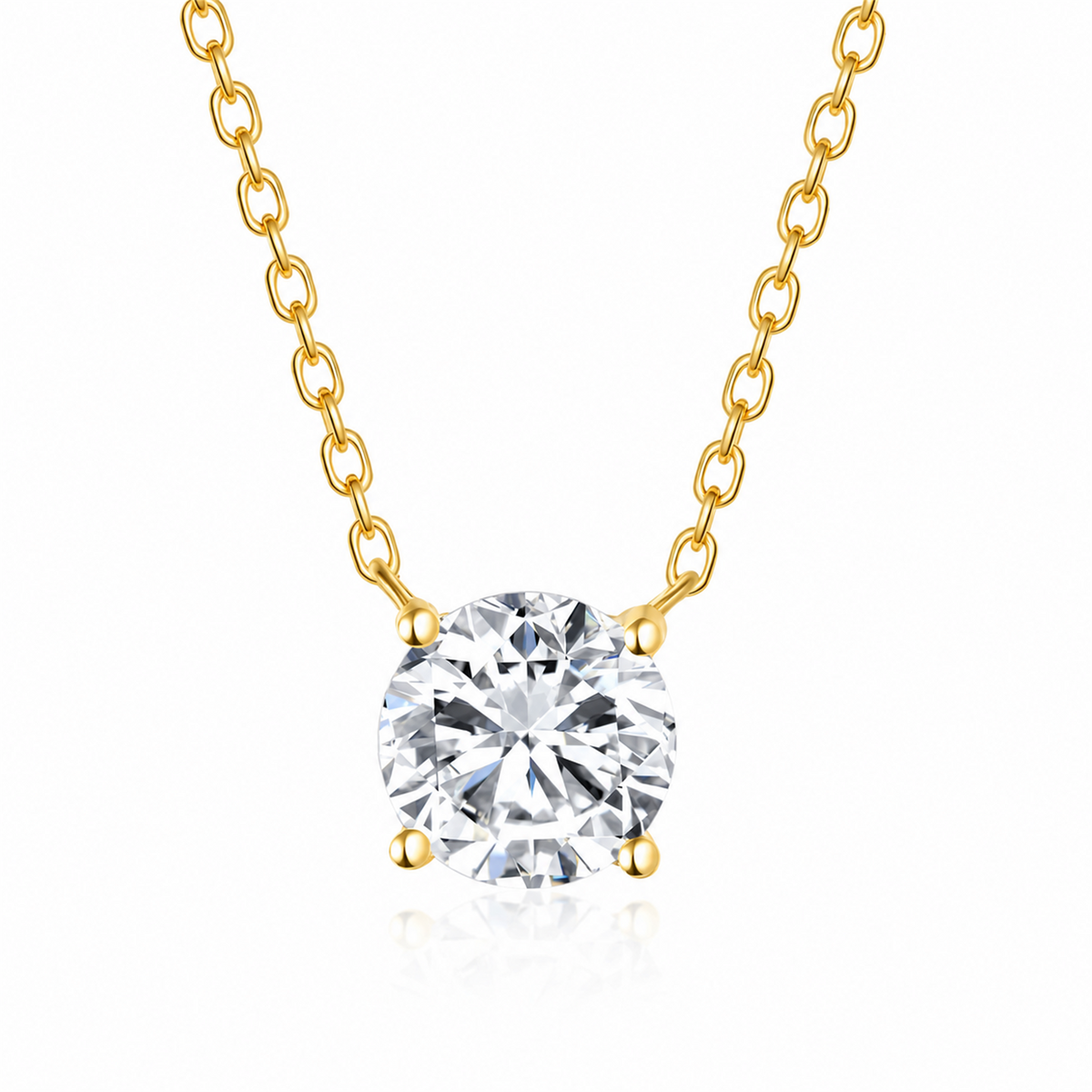 18K gold four-prong lab-grown diamond necklace on white background