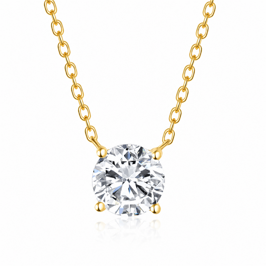 18K gold four-prong lab-grown diamond necklace on white background