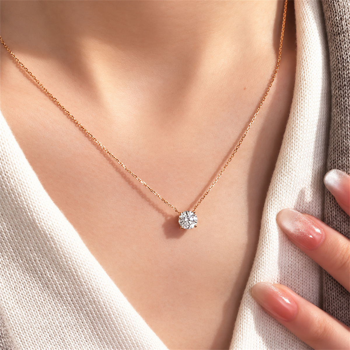 Gold-colour four-prong diamond necklace worn at the neckline