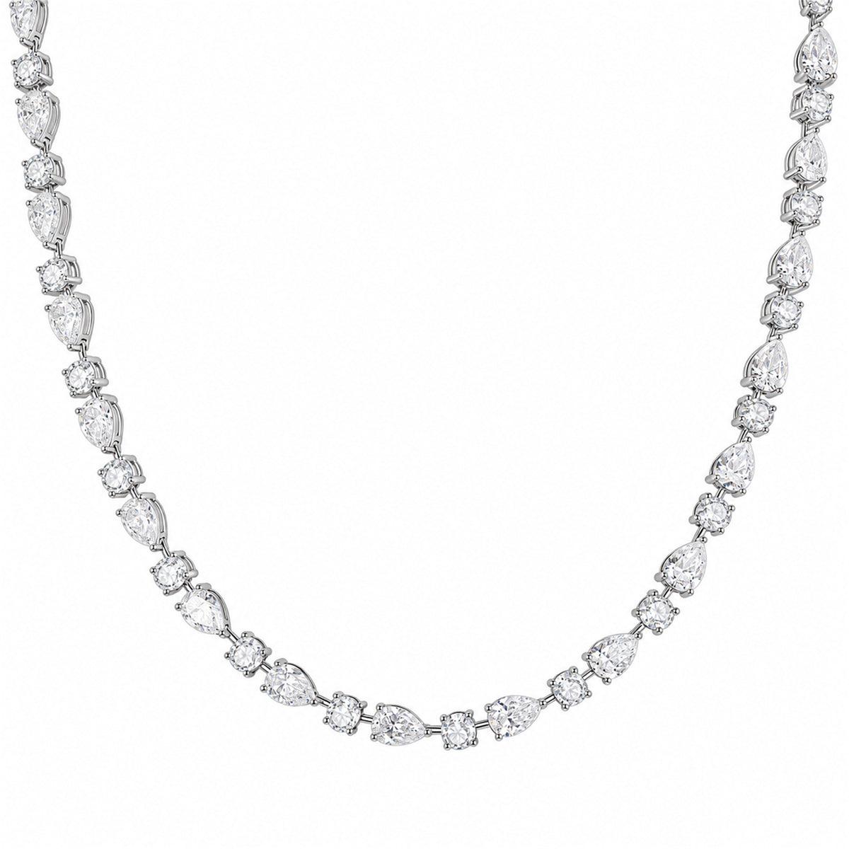 DANFÉE 21 carat pear and round lab-grown 18K white gold necklace on white background; also used to illustrate PT950 platinum