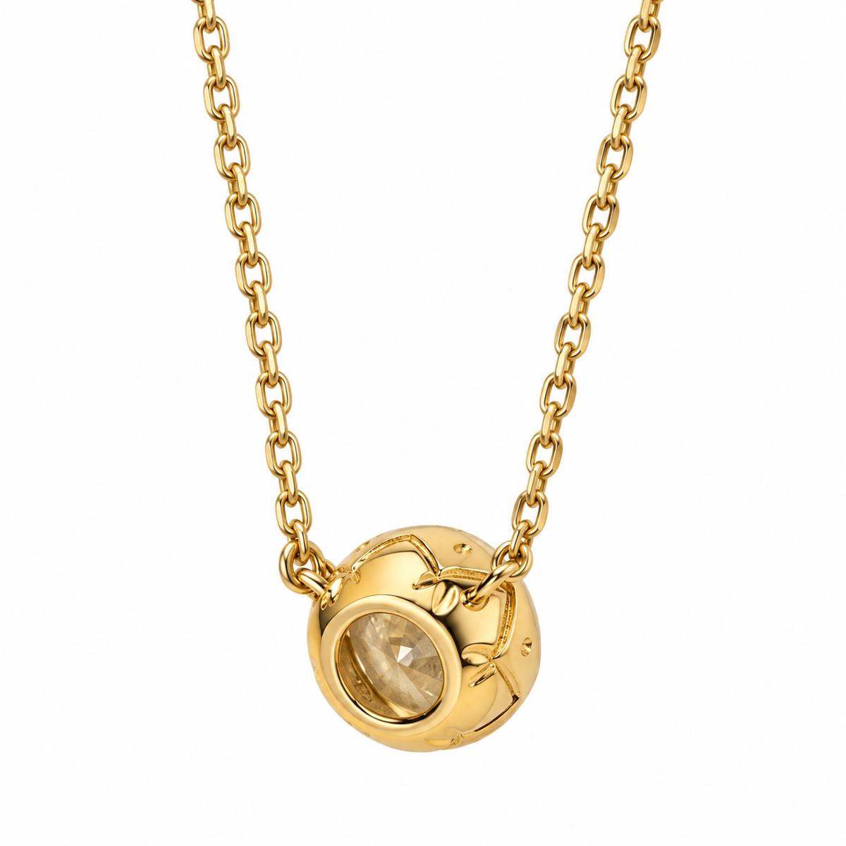Yellow gold bezel-set diamond necklace, rear setting detail on white