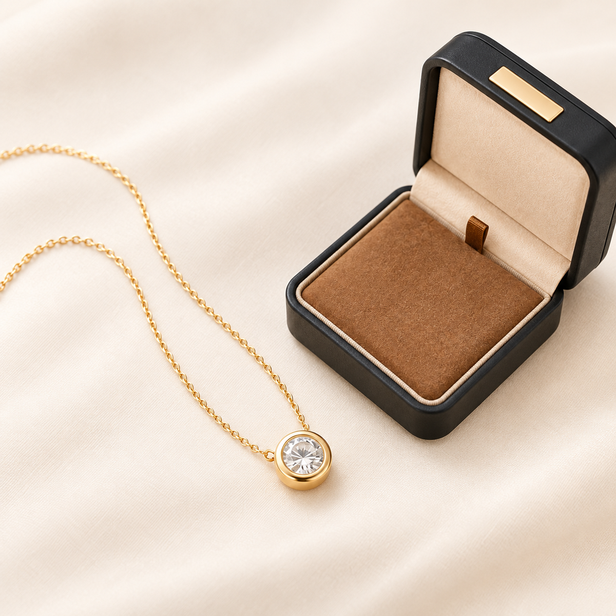 DANFÉE bubble bezel diamond necklace beside an open unbranded jewelry box