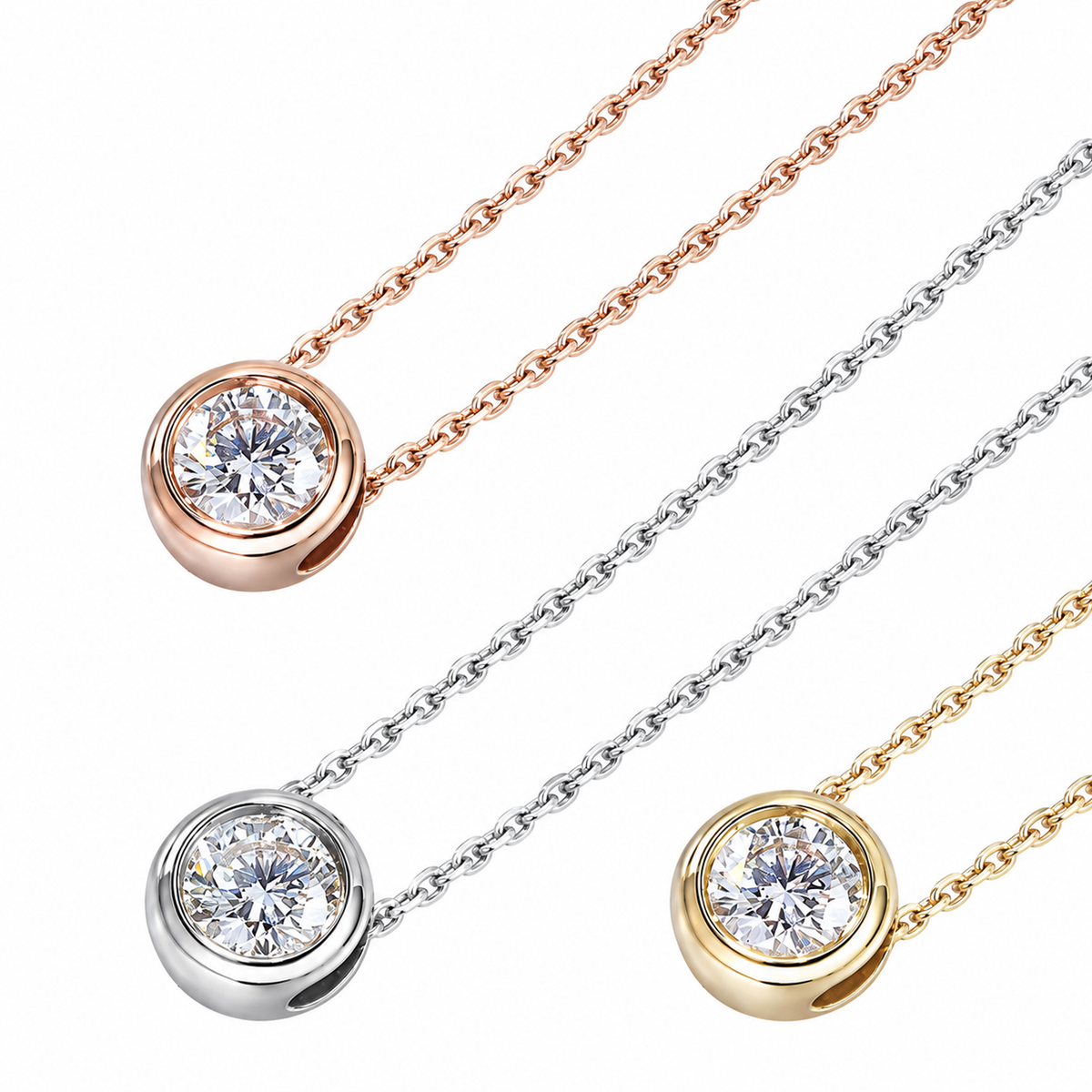 Bubble bezel diamond necklaces in rose, white and yellow gold on white