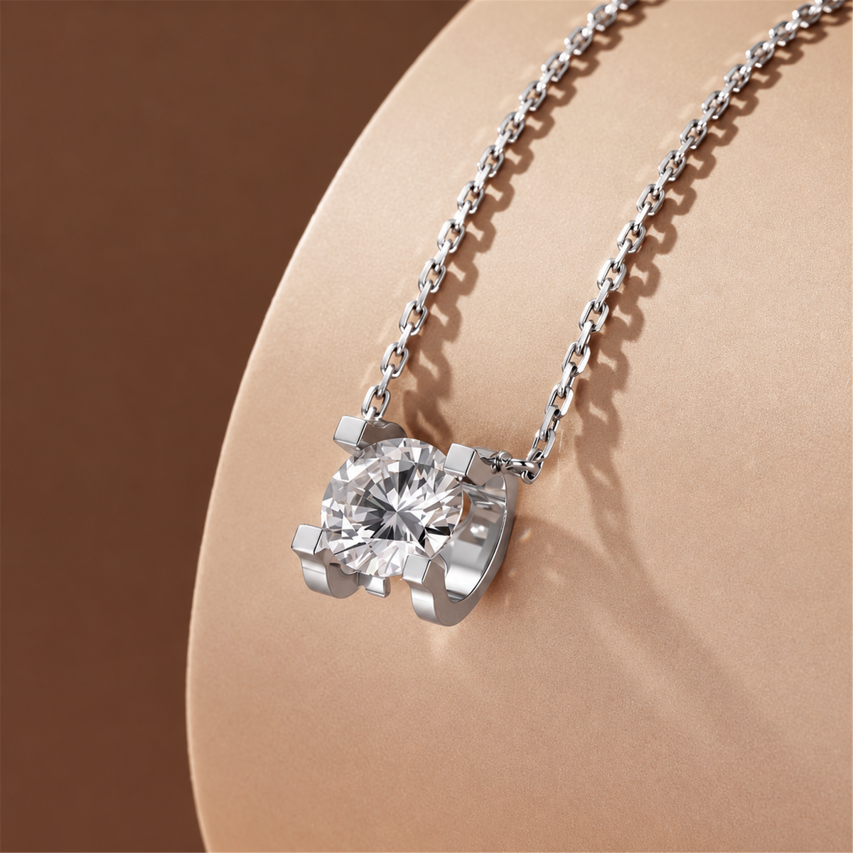 Bull-head diamond pendant necklace in white gold on a curved beige display