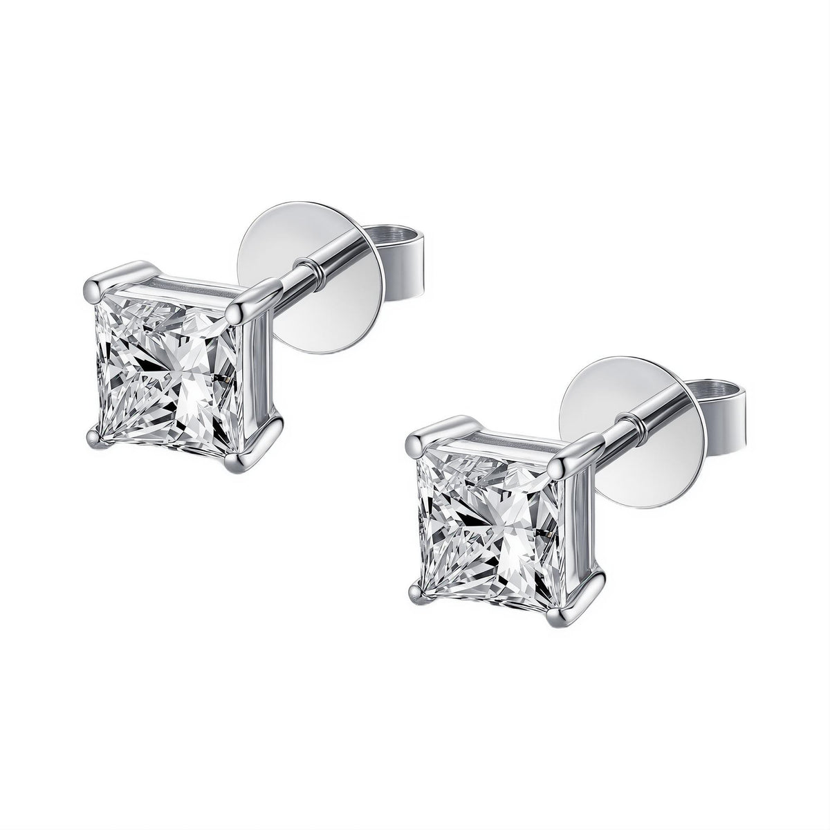 Princess-cut diamond stud earrings, four-prong 18K white gold setting with butterfly backs, 0.5 carat each