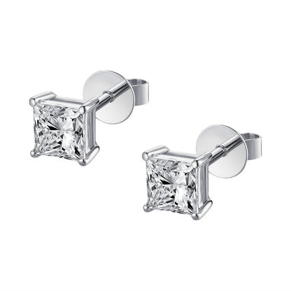 Princess-cut diamond stud earrings, four-prong 18K white gold setting with butterfly backs, 0.5 carat each