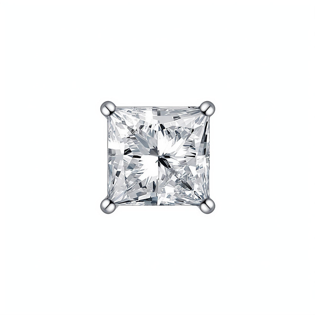Single princess-cut lab-grown diamond stud in four-prong 18K white gold, 1 carat each