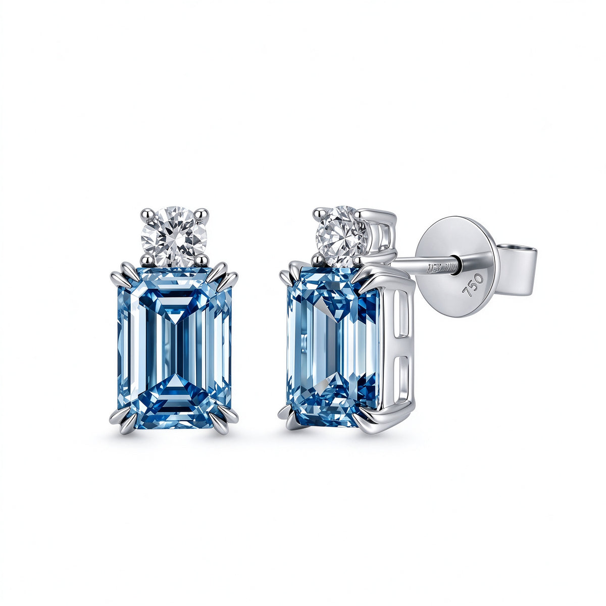DANFÉE Céleste blue emerald-cut lab-grown diamond stud earrings in 18K white gold on white