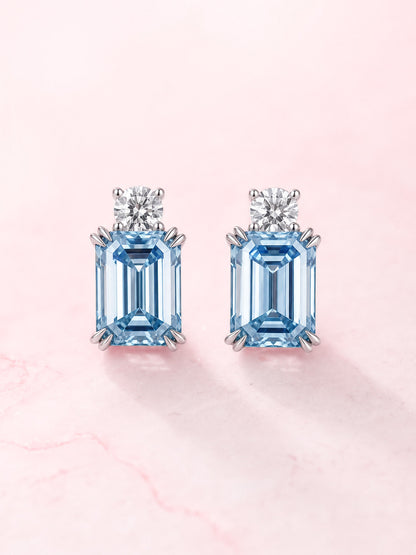 2 carat blue emerald-cut lab-grown diamond stud earrings front view