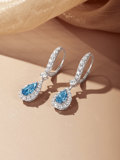Fancy vivid blue pear-cut lab-grown diamond drop earrings with diamond halo and lever-back