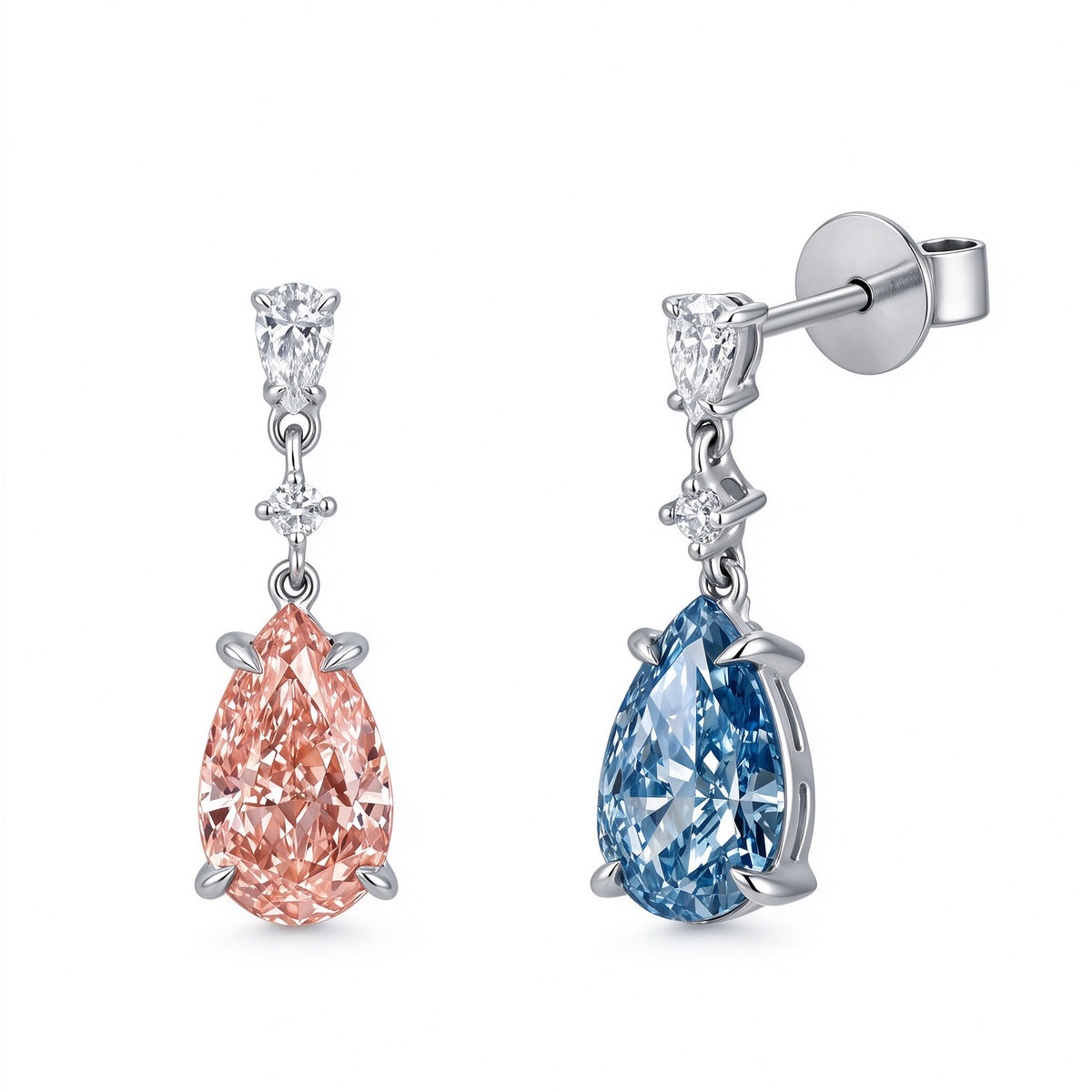 DANFÉE Duet pear-cut Fancy Vivid Blue and Pink lab-grown diamond drop earrings in 18K white gold on white background