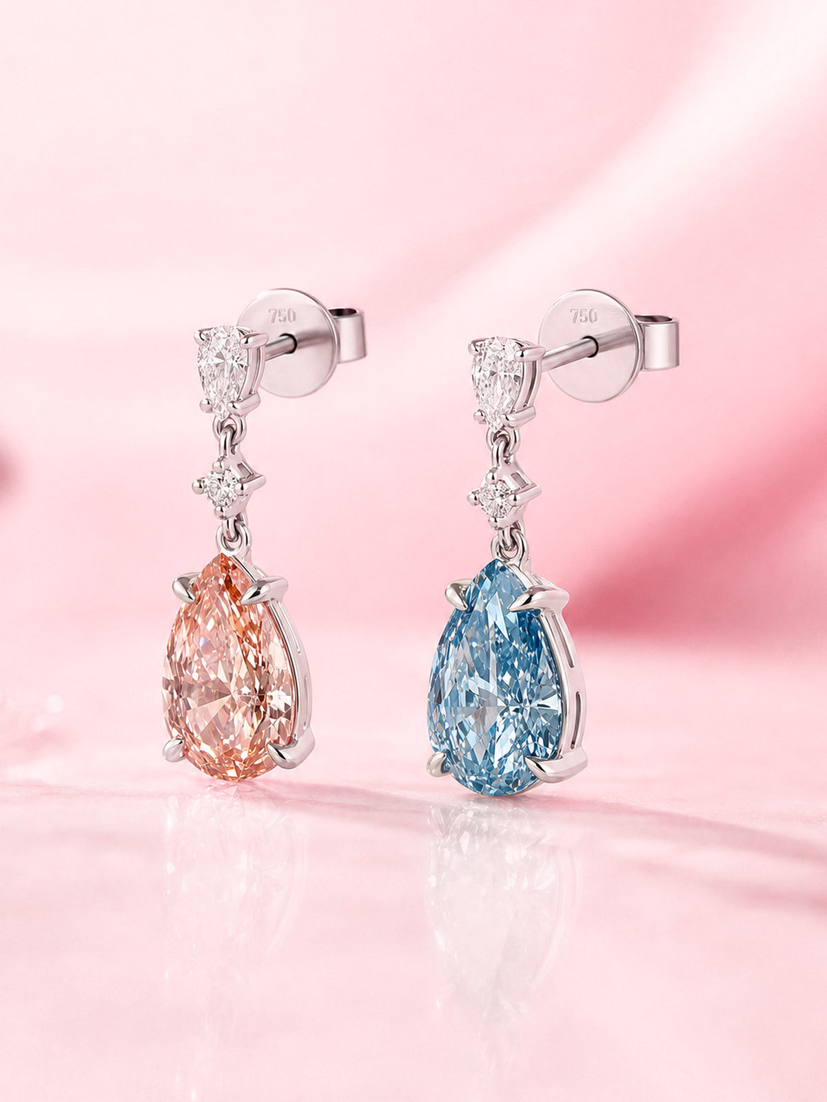 Blue and pink pear-cut lab-grown diamond drop earrings in 18K white gold, side view