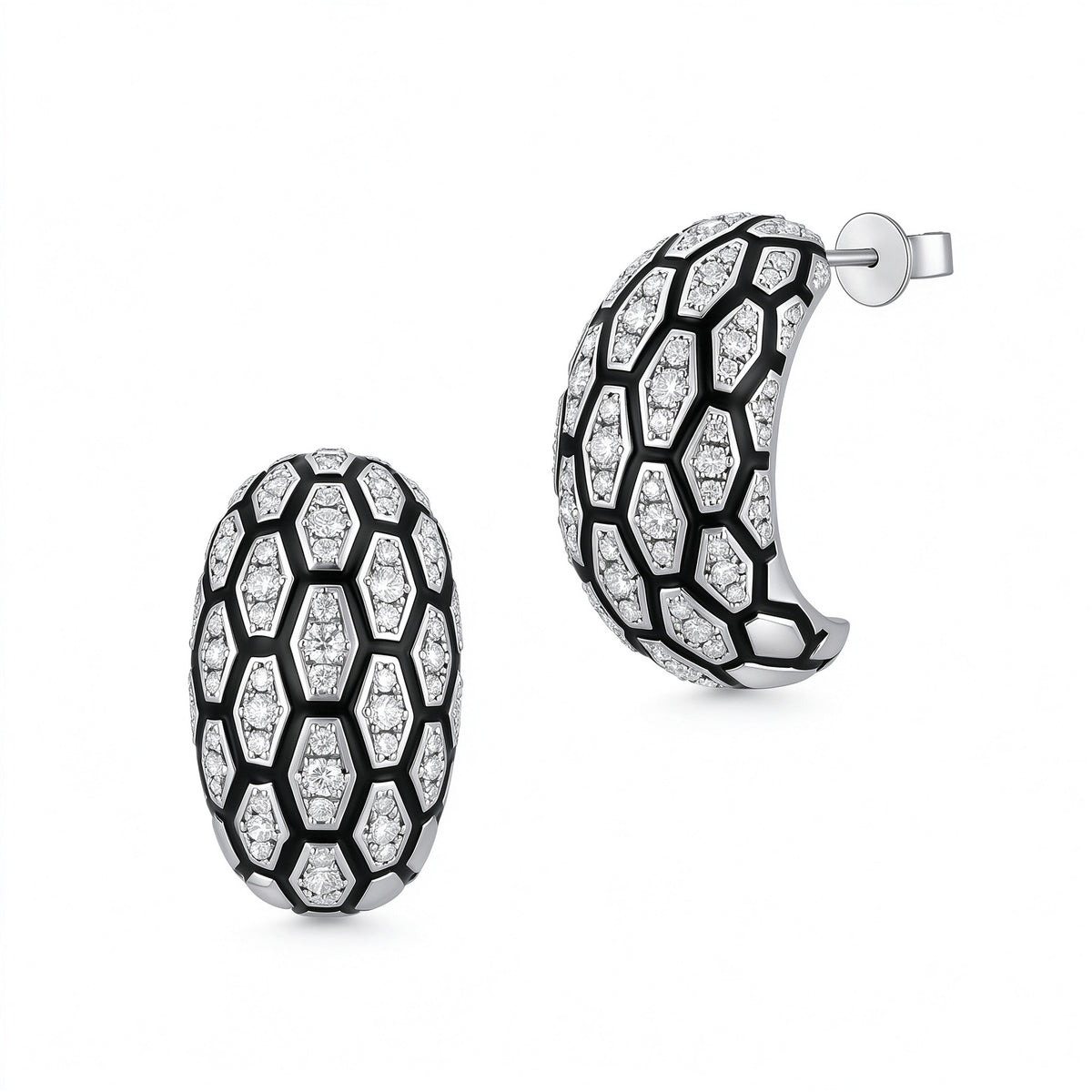 DANFÉE Écaille lab-grown diamond black enamel snake-scale dome earrings in 18K white gold on white