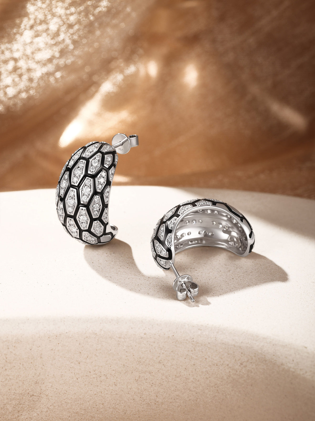 Écaille C-shaped pavé diamond dome earrings with push-back post, 18K white gold
