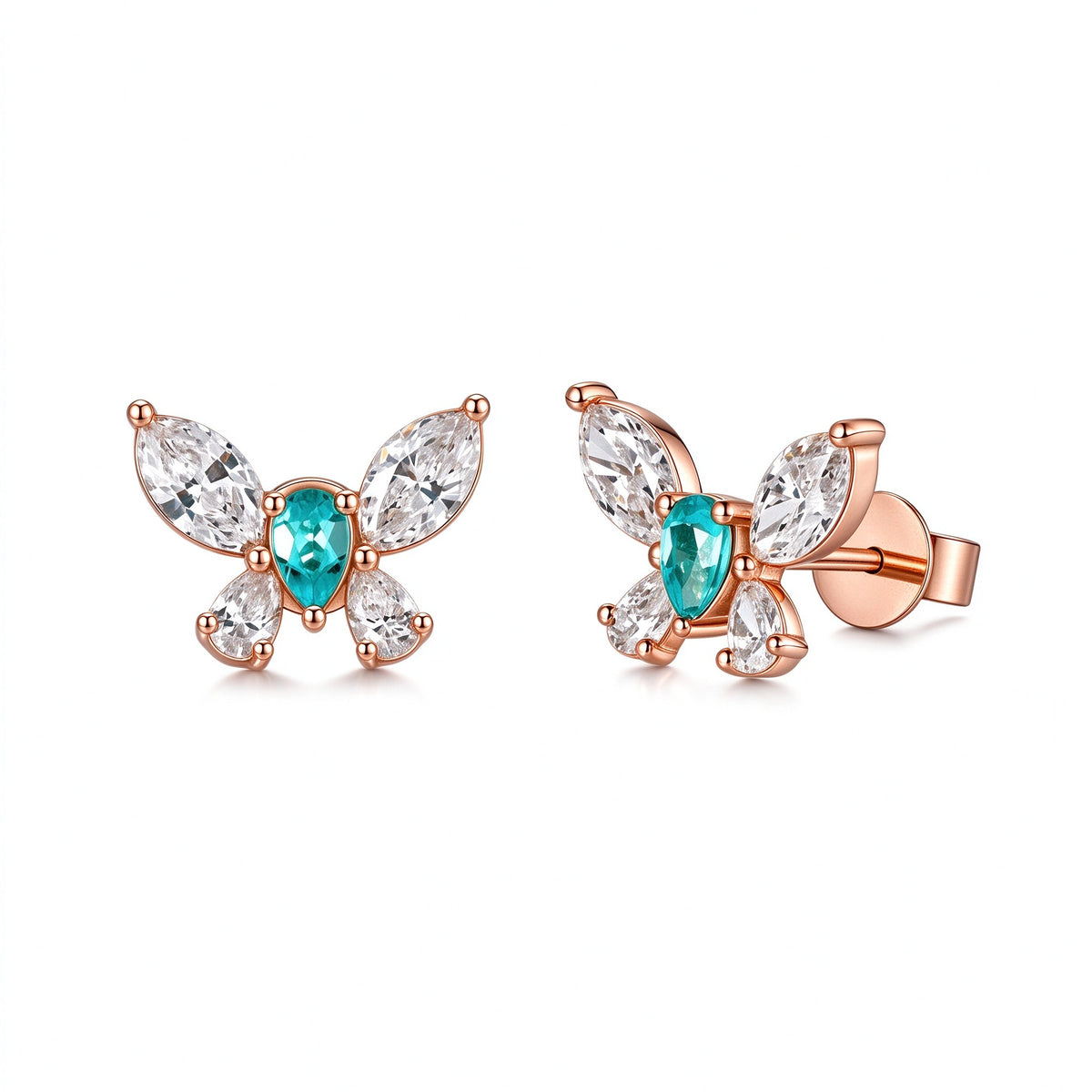 DANFÉE Éclair Paraíba-blue butterfly lab-grown diamond stud earrings in 18K rose gold