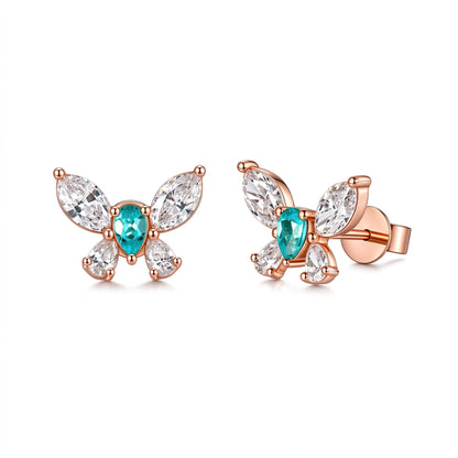DANFÉE Éclair Paraíba-blue butterfly lab-grown diamond stud earrings in 18K rose gold