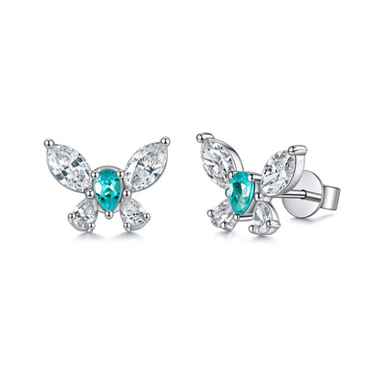 DANFÉE Éclair Paraíba-blue butterfly lab-grown diamond stud earrings in 18K white gold on white