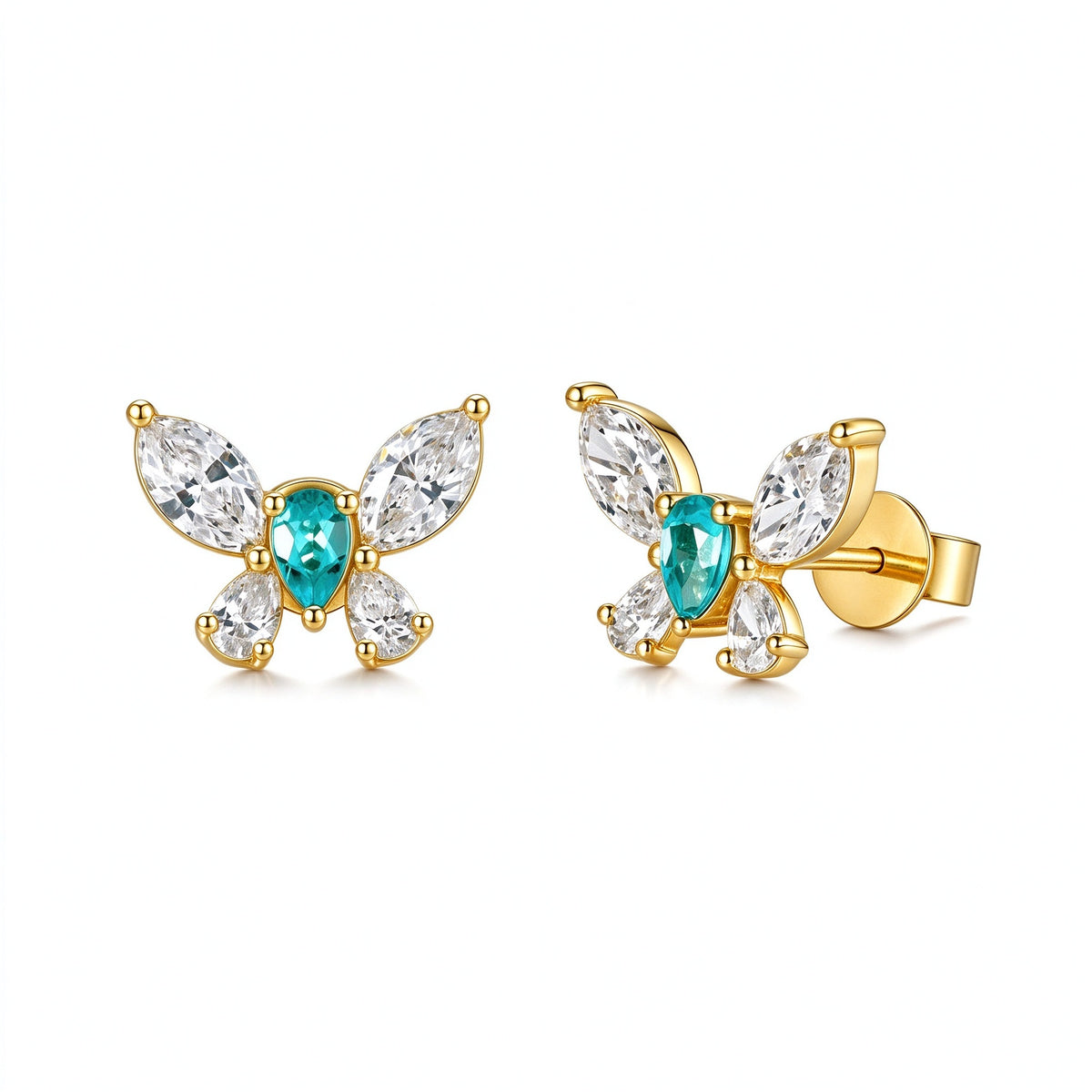 DANFÉE Éclair Paraíba-blue butterfly lab-grown diamond stud earrings in 18K yellow gold