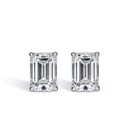 DANFÉE Éclat emerald-cut lab-grown diamond solitaire stud earrings in 18K white gold, front view on white
