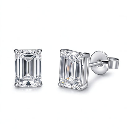 Emerald-cut lab-grown diamond stud earrings in 18K white gold showing four-claw setting and butterfly back