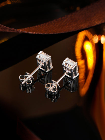 18K white gold emerald-cut diamond stud earrings, back view with butterfly clutches