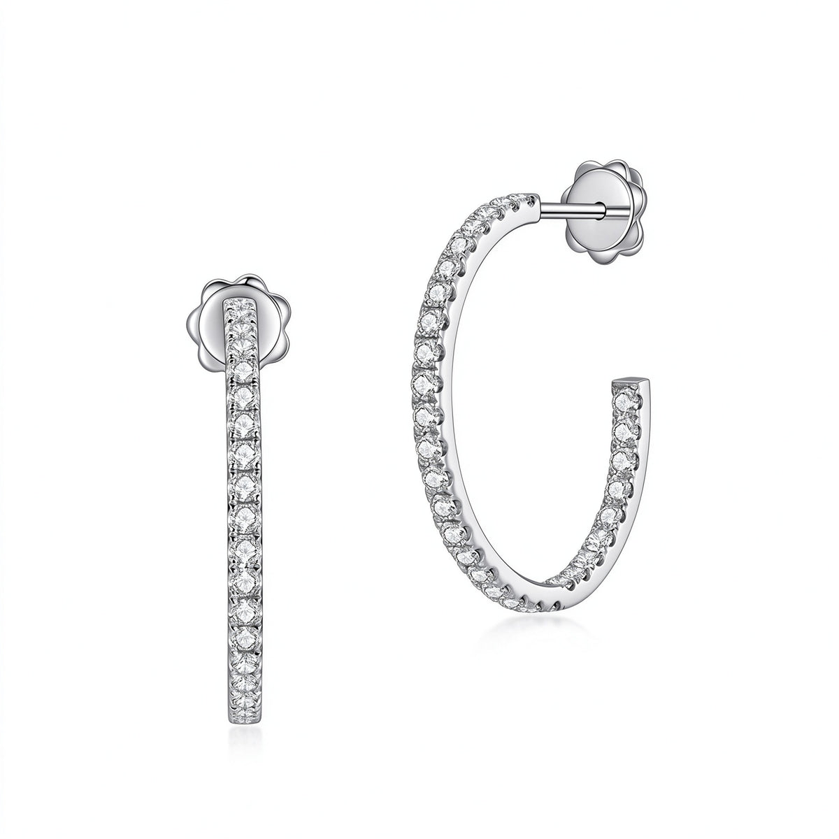 Inside-out lab-grown diamond open hoop earrings in 18K white gold on white