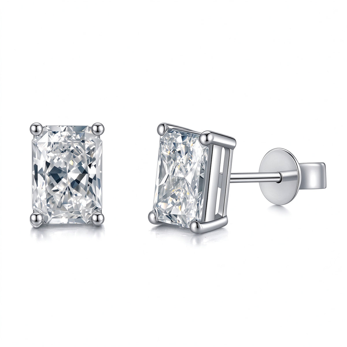DANFÉE Éclat radiant-cut lab-grown diamond stud earrings in 18K white gold, front and side view on white