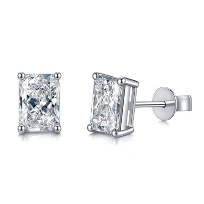 DANFÉE Éclat radiant-cut lab-grown diamond stud earrings in 18K white gold, front and side view on white