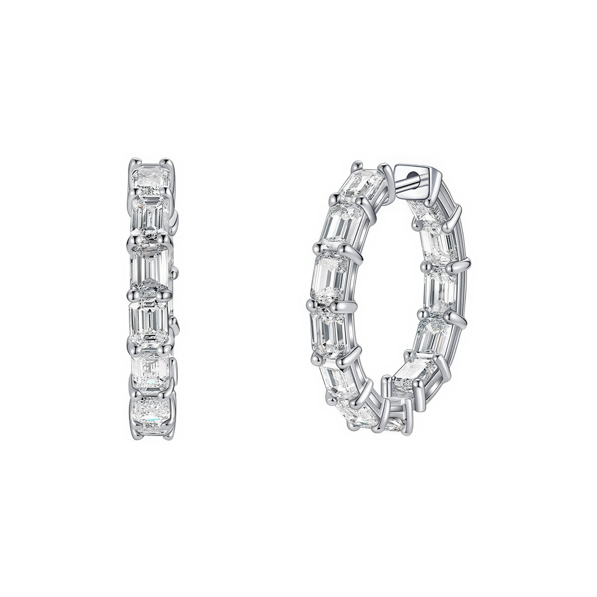 DANFÉE Éternelle emerald-cut lab-grown diamond inside-out hoop earrings in PT950 platinum, side and front view on white