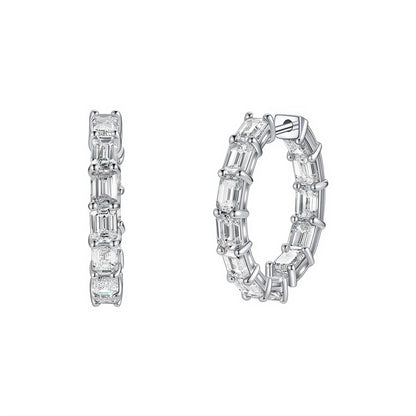 DANFÉE Éternelle emerald-cut lab-grown diamond inside-out hoop earrings in PT950 platinum, side and front view on white