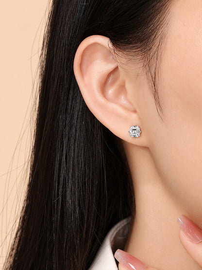 Four-prong Asscher-cut lab-grown diamond stud earring worn on the ear