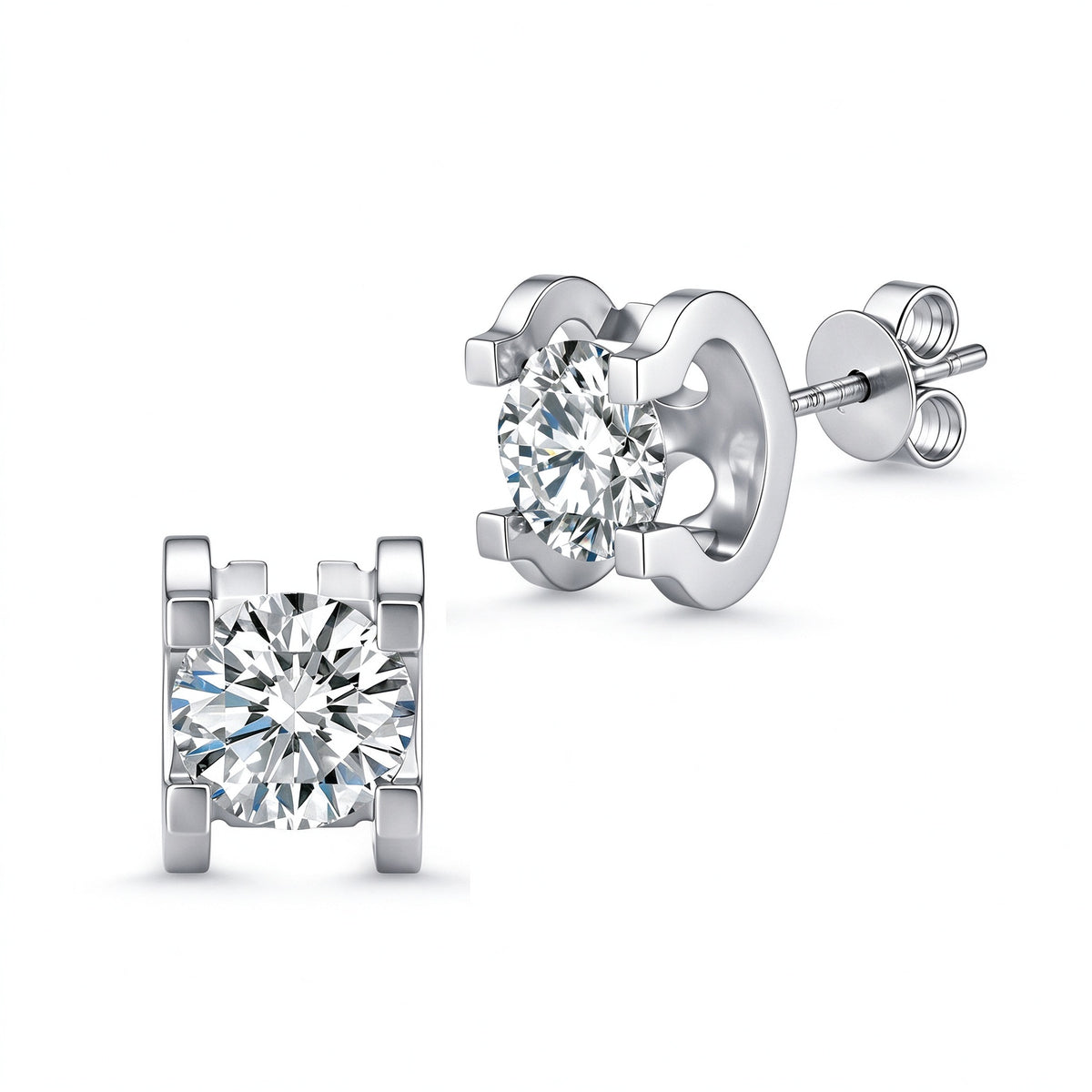 DANFÉE Étreinte lab-grown diamond solitaire stud earrings in 18K white gold, front and side view