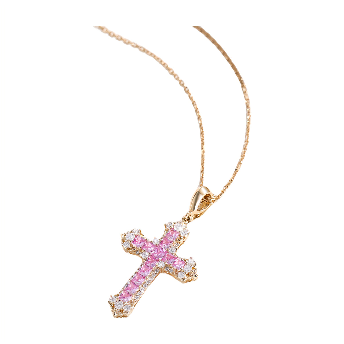 Fleur cross lab-grown diamond and pink sapphire necklace in 18K rose gold