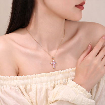 Lab-grown diamond cross pendant necklace on model