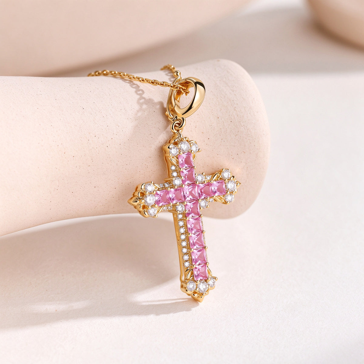 Fleur-de-lis cross pendant with square-cut pink sapphires and lab-grown diamonds