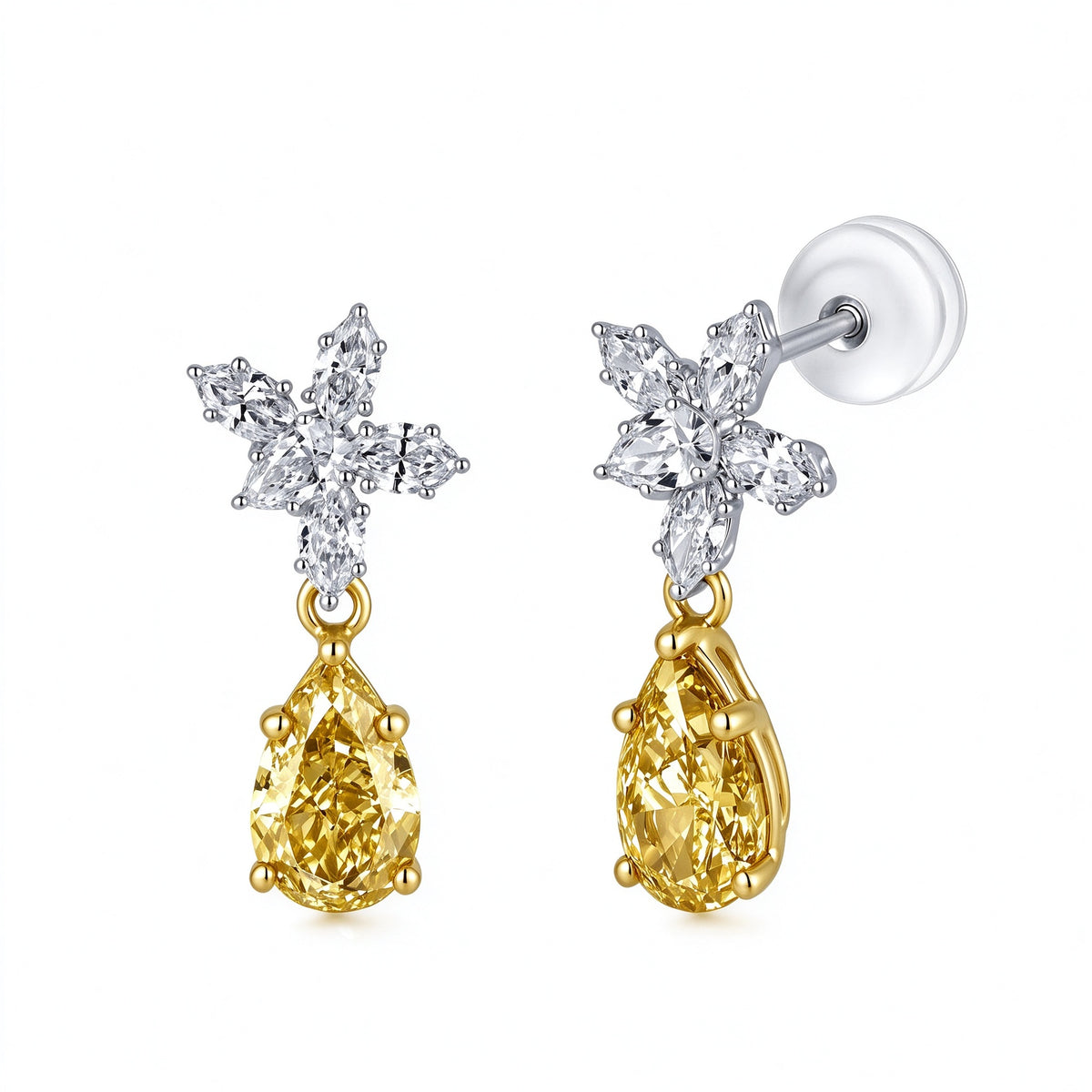 DANFÉE Floraison pear-cut fancy yellow lab-grown diamond drop earrings in 9K white and yellow gold on white