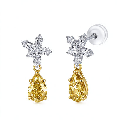 DANFÉE Floraison pear-cut fancy yellow lab-grown diamond drop earrings in 9K white and yellow gold on white
