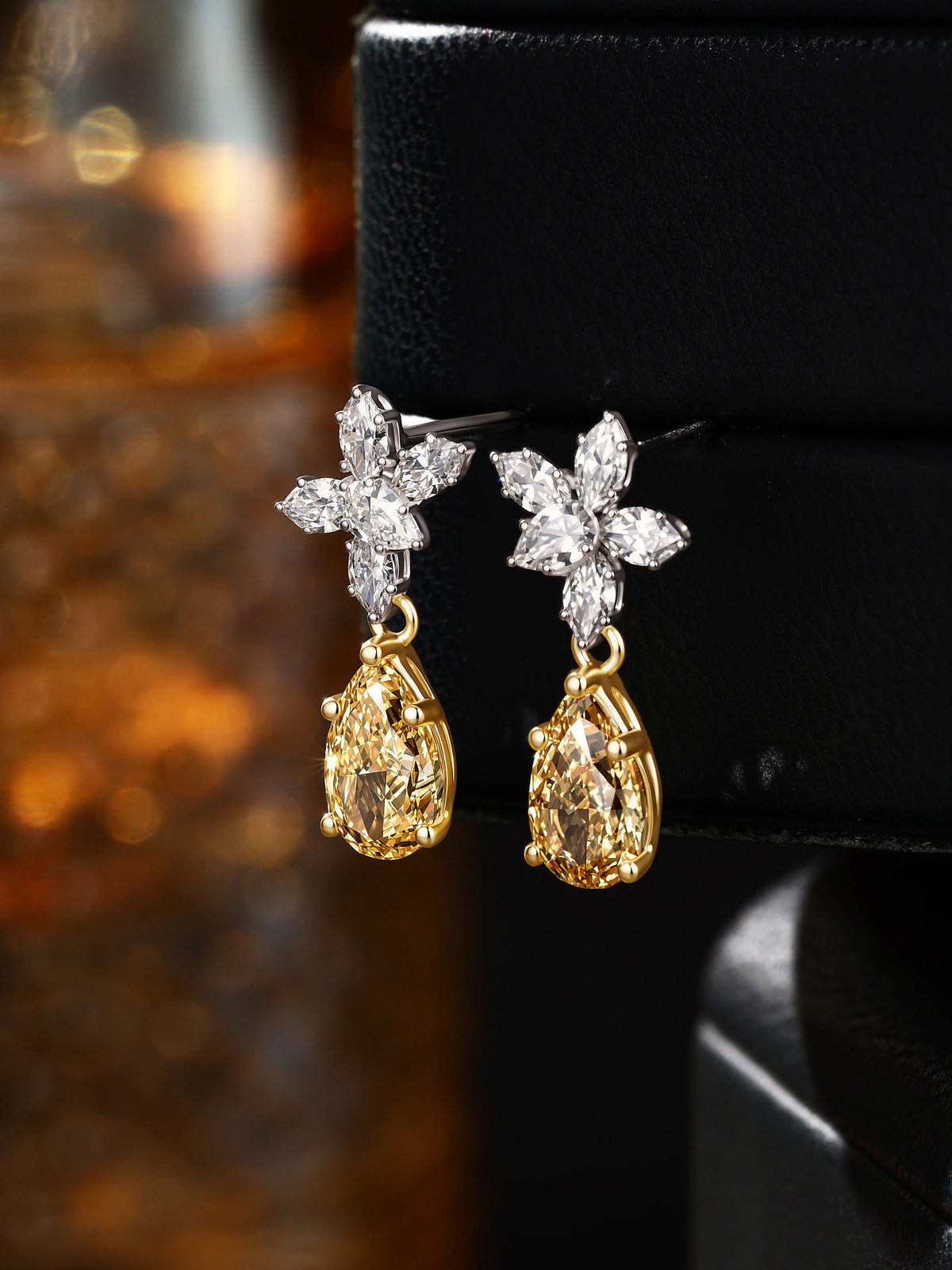 Floraison yellow diamond drop earrings with marquise flower studs, front view