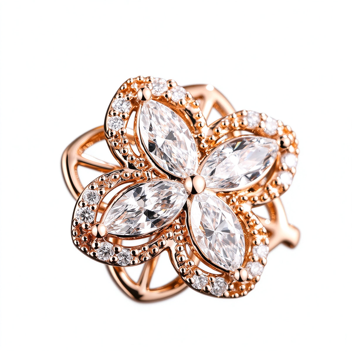 Close-up of marquise lab-grown diamonds and pavé halo on the Kaleidoscope clover pendant