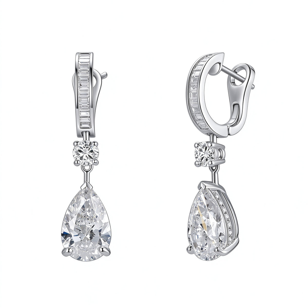 DANFÉE Larme pear-cut lab-grown diamond drop earrings with baguette huggie in 18K white gold, front and side view on white