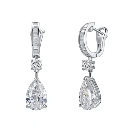 DANFÉE Larme pear-cut lab-grown diamond drop earrings with baguette huggie in 18K white gold, front and side view on white