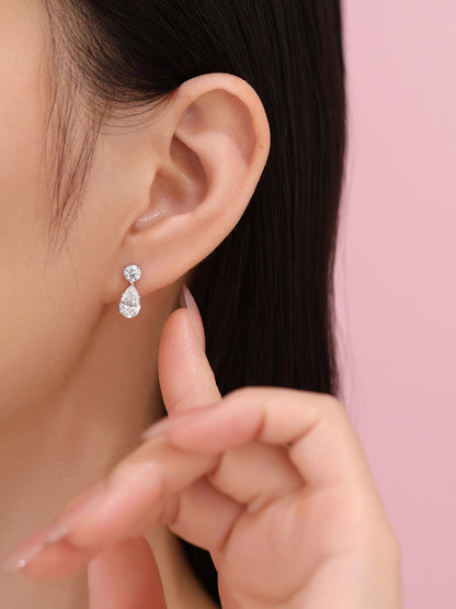 Teardrop lab-grown diamond earrings worn, 18K white gold