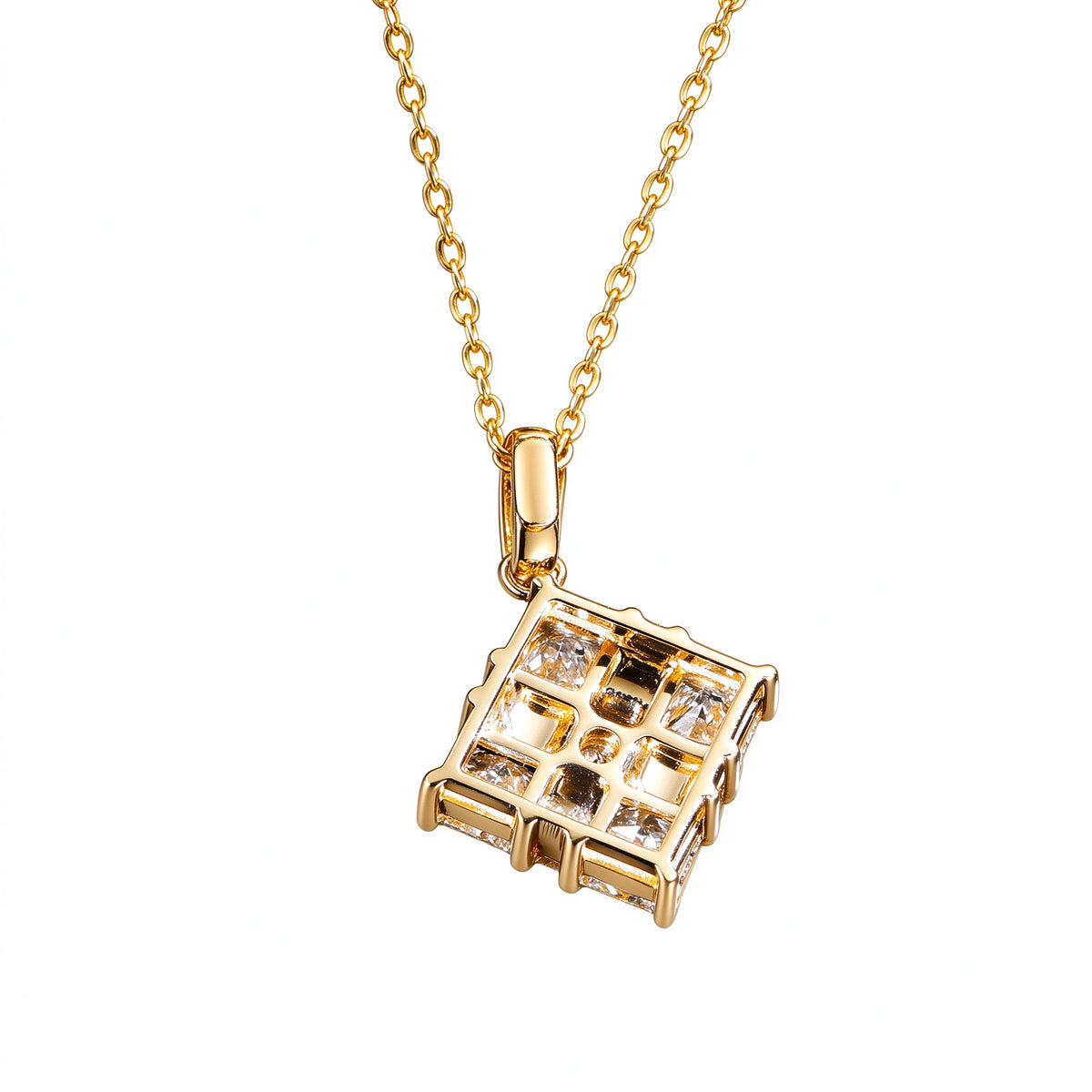 Back of the Ribbon Box diamond pendant showing the open gallery