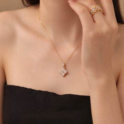 Model wearing the Ribbon Box lab-grown diamond necklace