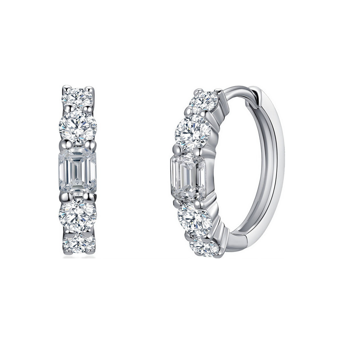 DANFÉE Lumière emerald-cut and round lab-grown diamond huggie hoop earrings in PT950 platinum, front and side view on white