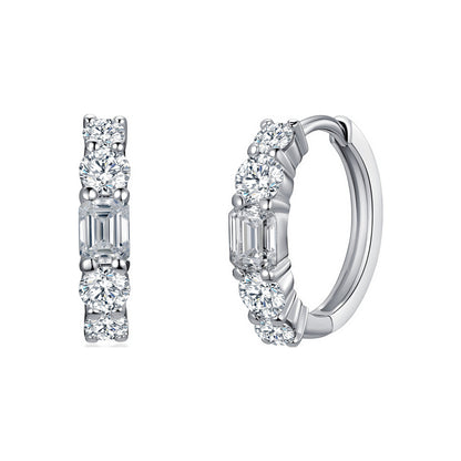 DANFÉE Lumière emerald-cut and round lab-grown diamond huggie hoop earrings in PT950 platinum, front and side view on white