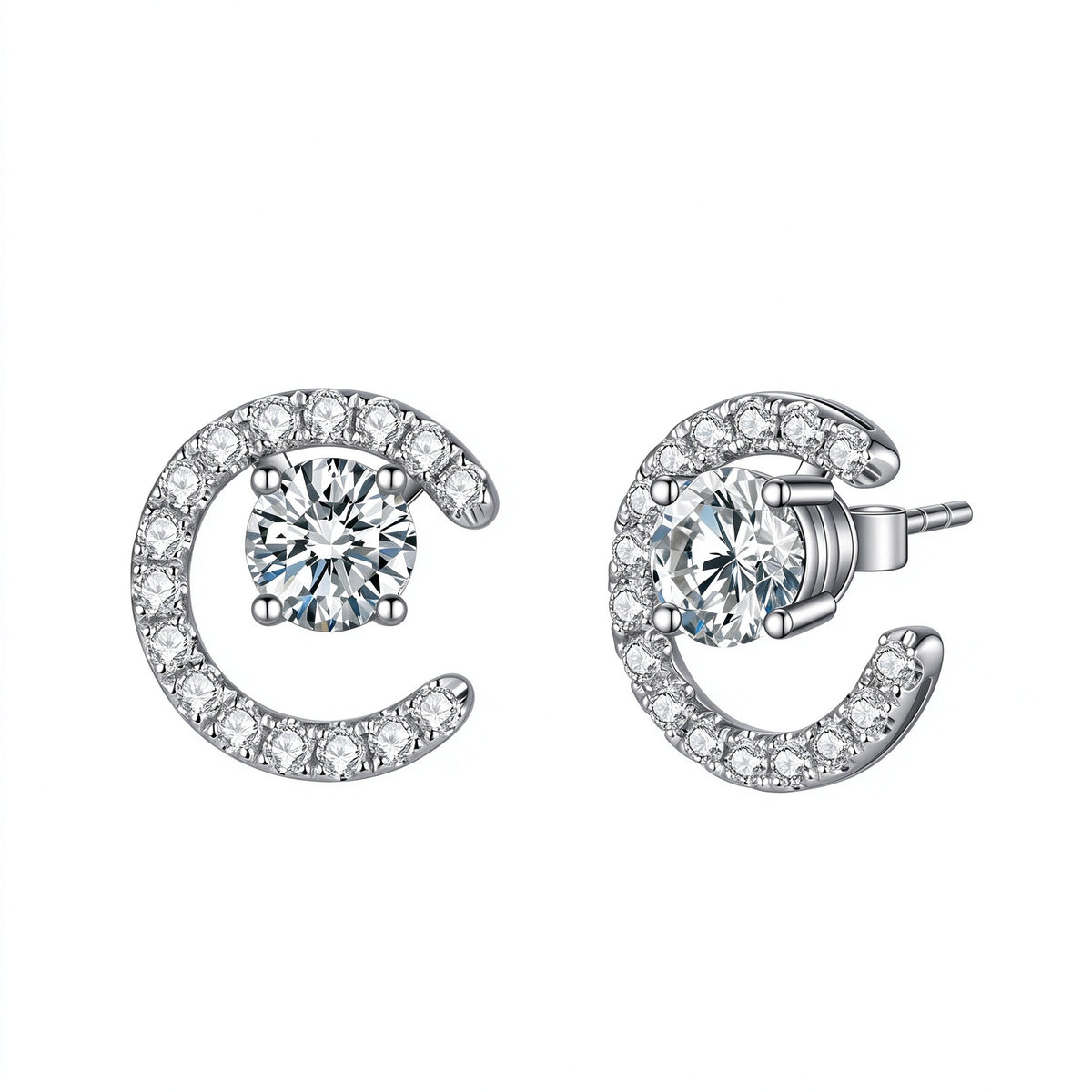DANFÉE Lune two-way lab-grown diamond stud earrings with crescent pavé jacket in PT950 platinum, white background