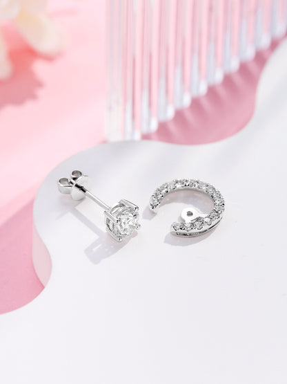 Lune solitaire diamond stud shown beside its detachable pavé crescent jacket