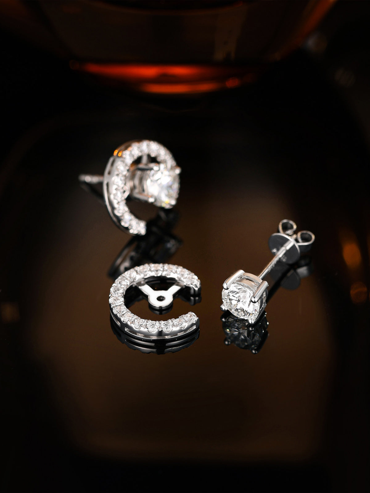Lune earrings disassembled: diamond stud and pavé crescent jacket
